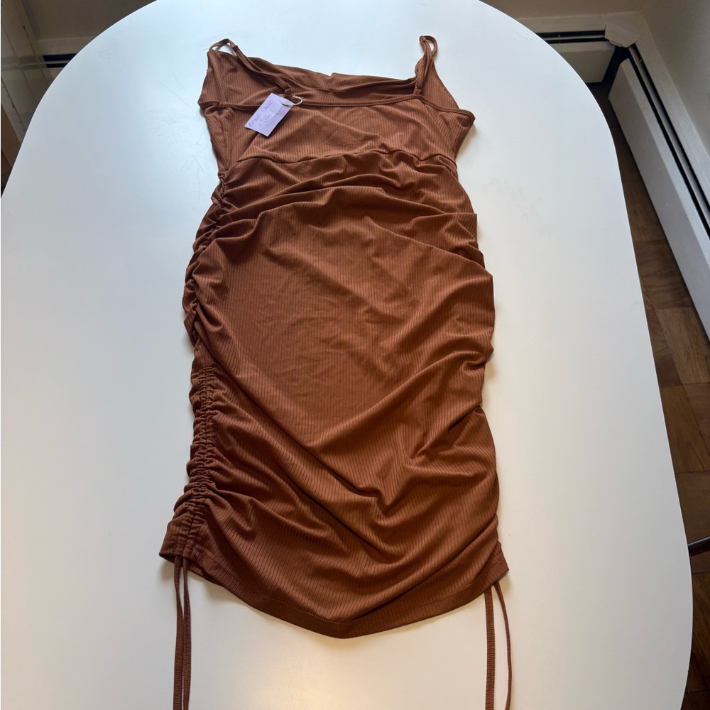 Rust Brown Ribbed Ruched Slip Dress - Picture 2 of 2